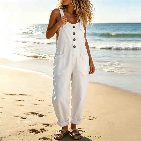Costeam Womens Denim Overall Jumpsuit Sleeveless Adjustable Shoulder Straps Dual Side Hand Pockets Full Length Straight Leg Casual Fashion One Piece Jean Overalls