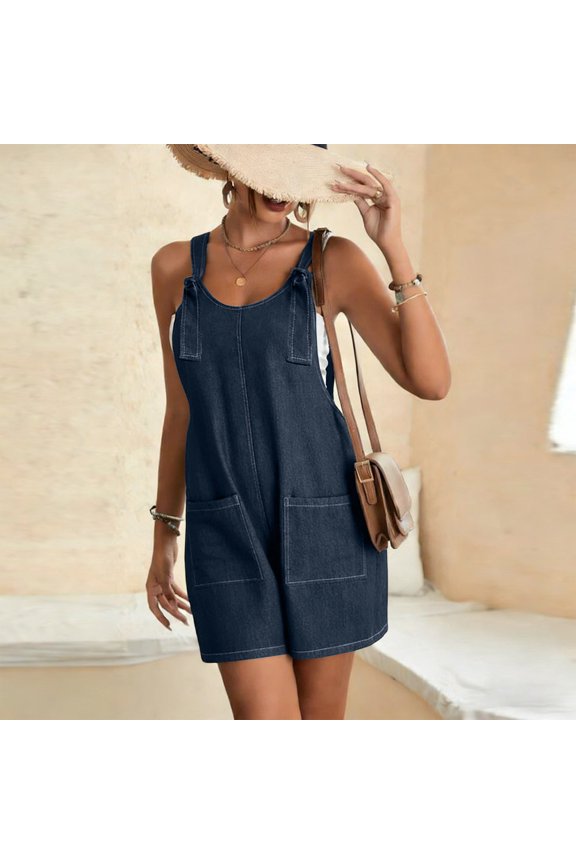 Womens Denim Overall Shorts Adjustable Shoulder Straps Dual Side Hand Pockets Loose Relaxed Fit Casual Summer Short Jean Jumpsuit Romper Bottoms