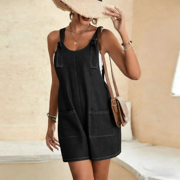 Costeam Womens Denim Overall Shorts Adjustable Shoulder Straps Dual Side Hand Pockets Loose Relaxed Fit Casual Summer Short Jean Jumpsuit Romper Bottoms