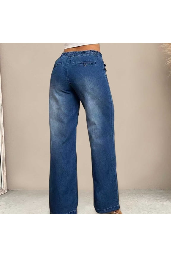 Womens Denim Wide Leg Cargo Pants Dual Large Patch Pockets Drawstring Elastic High Waist Washed Solid Color Loose Straight Casual Denim Trousers