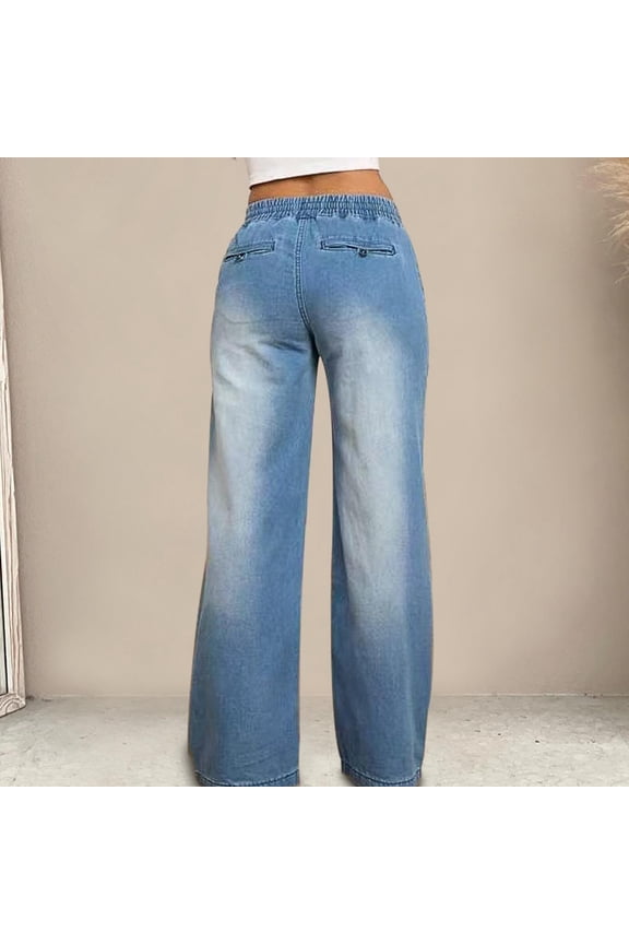 Womens Denim Wide Leg Cargo Pants Dual Large Patch Pockets Drawstring Elastic High Waist Washed Solid Color Loose Straight Casual Denim Trousers