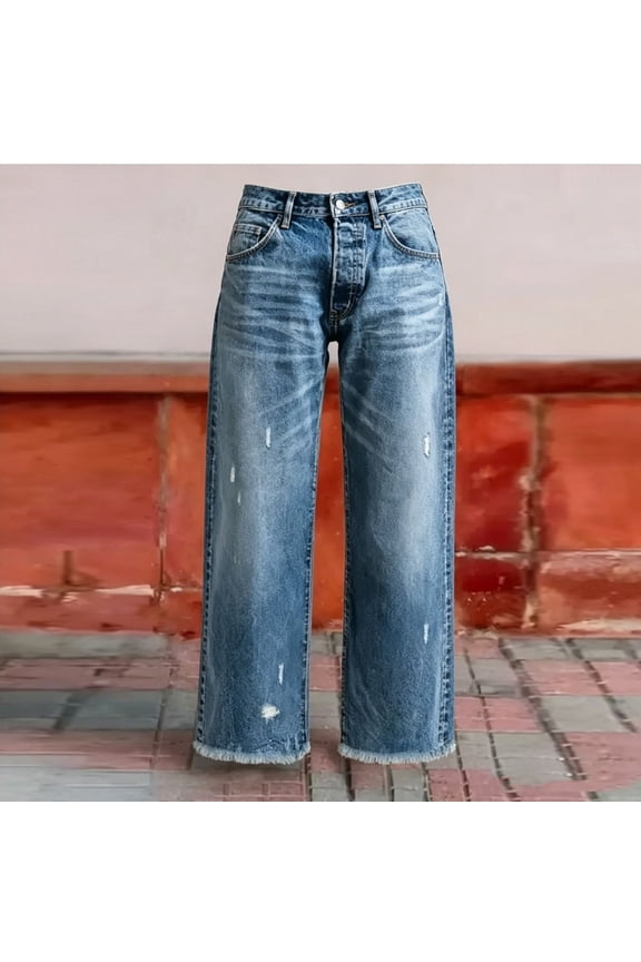 Womens Distressed Ripped Ankle Cropped Jeans Raw Frayed Hem Button Zip High Waist Classic Five Pocket Straight Wide Leg Light Wash Denim Casual Trousers