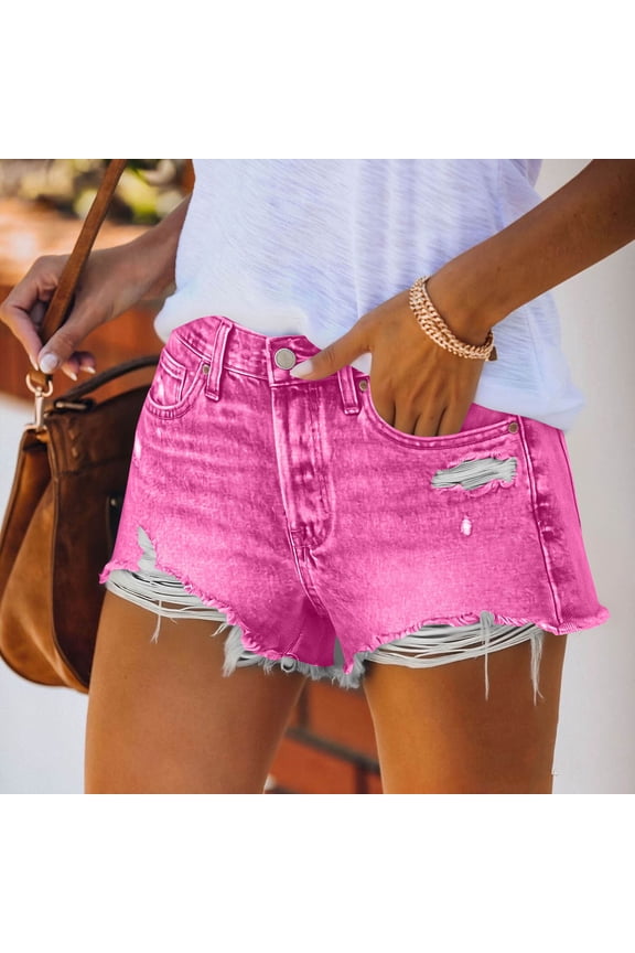 Womens Distressed Ripped Frayed Raw Hem Denim Shorts Multi Front Patch Pockets Button Zip Fly Regular High Waist Relaxed Fit Mid Thigh Vintage Jean Short Bottoms