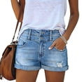 thumbnail image 1 of Costeam Womens Double Button Ripped Distressed Denim Shorts Dual Front Back Functional Pockets High Waist Stretch Roll Cuff Mid Thigh Casual Jean Short Pants, 1 of 8