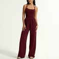 thumbnail image 1 of Costeam Womens Double Spaghetti Strap Jumpsuit Ruched Shirred Mid Wide Leg Full Length Elastic High Waist Soft Knit Loose Fit Casual One Piece Outfit, 1 of 6
