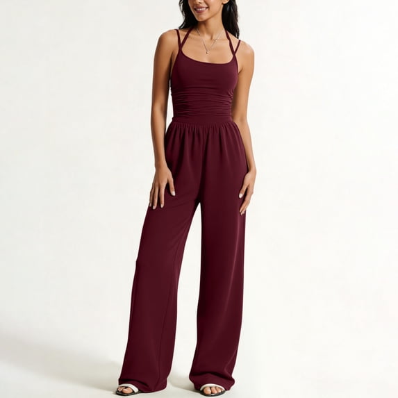 Costeam Womens Double Spaghetti Strap Jumpsuit Ruched Shirred Mid Wide Leg Full Length Elastic High Waist Soft Knit Loose Fit Casual One Piece Outfit