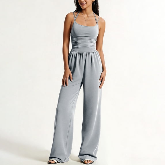 Costeam Womens Double Spaghetti Strap Jumpsuit Ruched Shirred Mid Wide Leg Full Length Elastic High Waist Soft Knit Loose Fit Casual One Piece Outfit