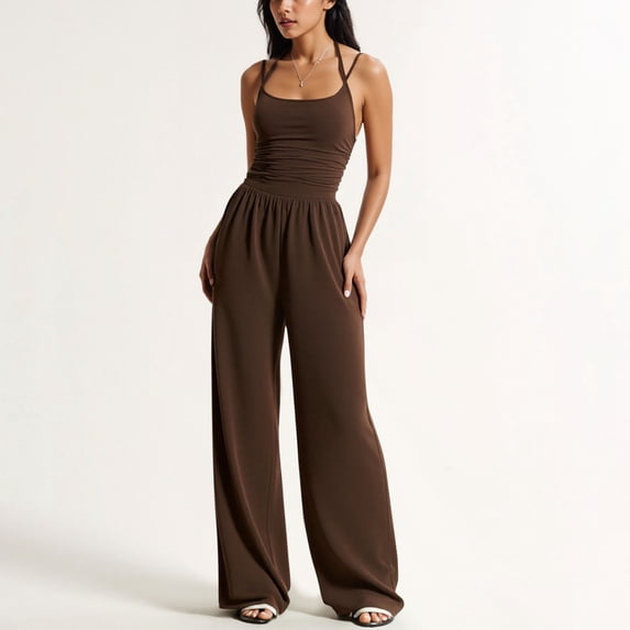 Costeam Womens Double Spaghetti Strap Jumpsuit Ruched Shirred Mid Wide Leg Full Length Elastic High Waist Soft Knit Loose Fit Casual One Piece Outfit