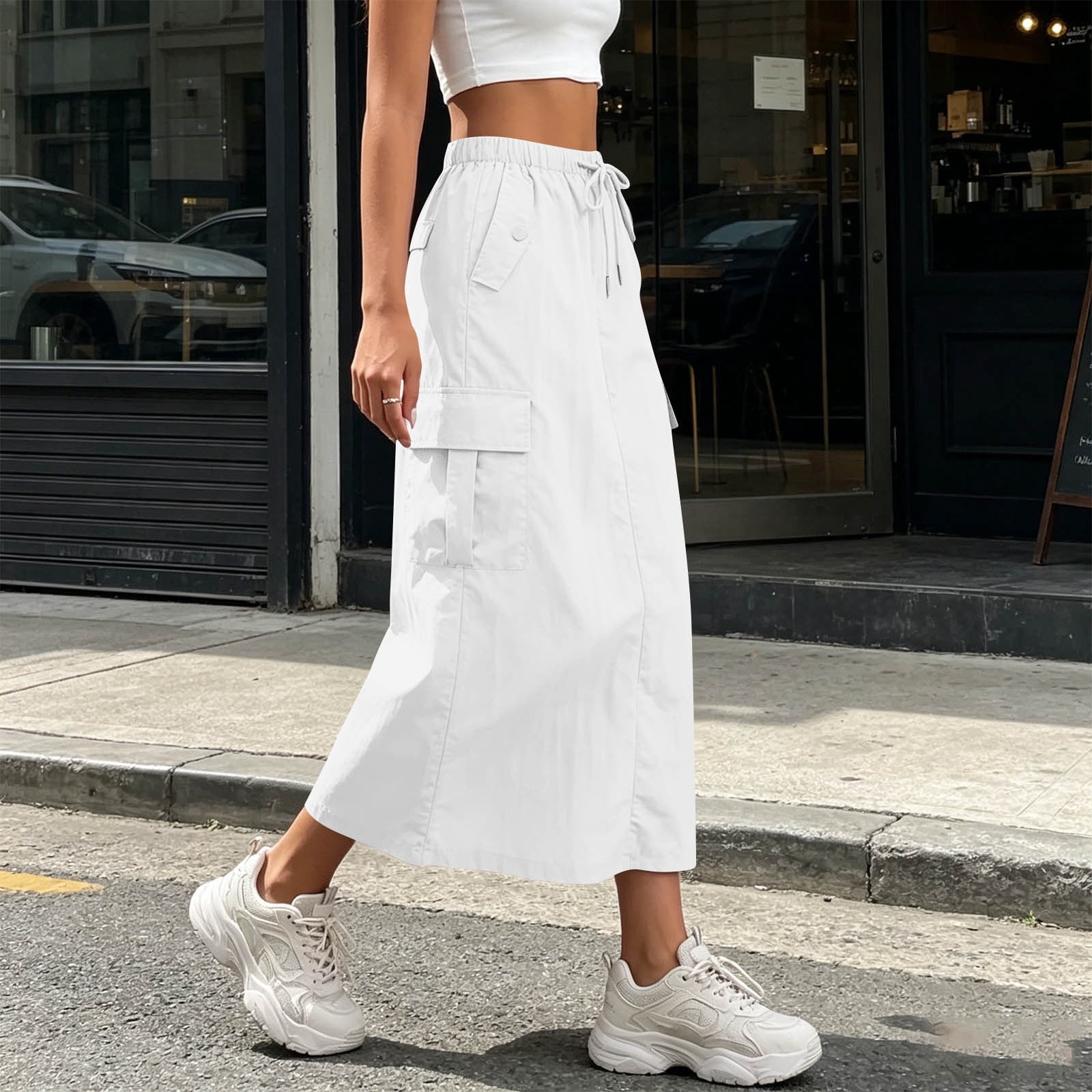 Costeam Womens Drawstring Elastic High Waist Midi Cargo Skirt