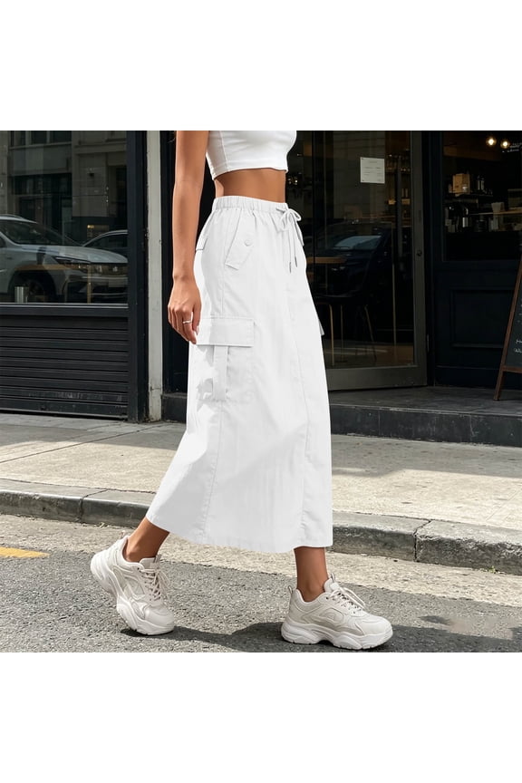 Womens Drawstring Elastic High Waist Midi Cargo Skirt Multi Square Patch Cargo Pockets Loose A Line Mid Calf Lightweight Soft Breathable Casual Utility Skirt