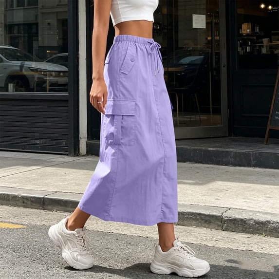 Costeam Womens Drawstring Elastic High Waist Midi Cargo Skirt Multi Square Patch Cargo Pockets Loose A Line Mid Calf Lightweight Soft Breathable Casual Utility Skirt