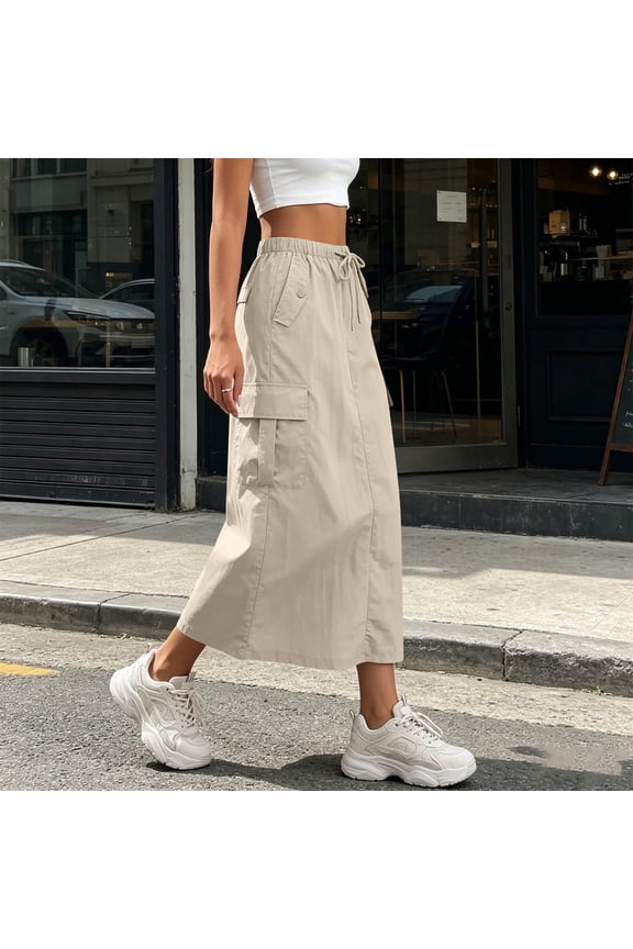 Womens Drawstring Elastic High Waist Midi Cargo Skirt Multi Square Patch Cargo Pockets Loose A Line Mid Calf Lightweight Soft Breathable Casual Utility Skirt