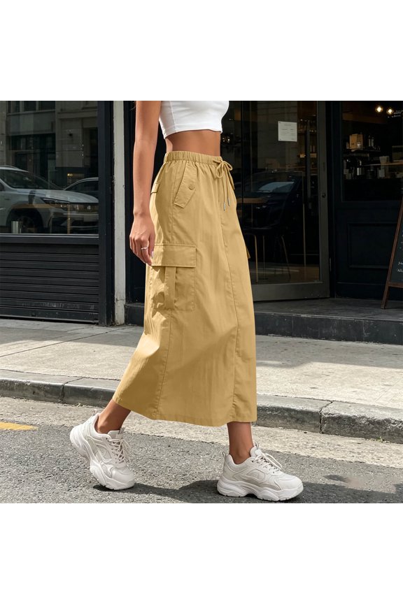Womens Drawstring Elastic High Waist Midi Cargo Skirt Multi Square Patch Cargo Pockets Loose A Line Mid Calf Lightweight Soft Breathable Casual Utility Skirt