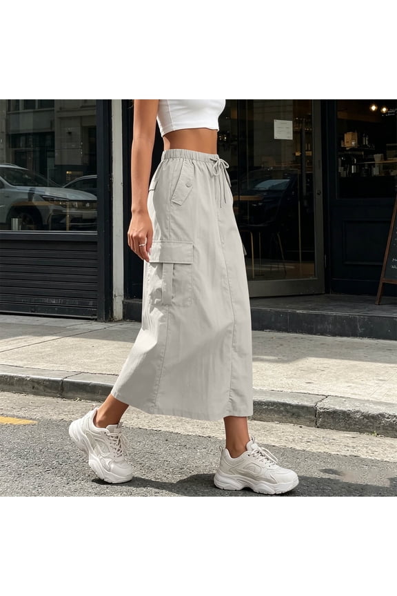 Womens Drawstring Elastic High Waist Midi Cargo Skirt Multi Square Patch Cargo Pockets Loose A Line Mid Calf Lightweight Soft Breathable Casual Utility Skirt