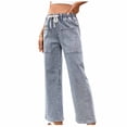 thumbnail image 1 of Costeam Womens Drawstring Elastic Waist Wide Leg Denim Pants with Patch Pockets Loose Fit Casual High Waist Pull On Jeans, 1 of 8