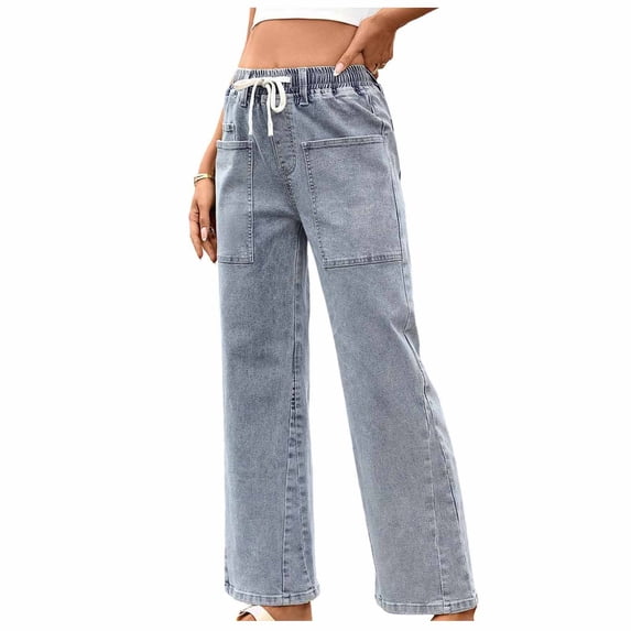 Costeam Womens Drawstring Elastic Waist Wide Leg Denim Pants with Patch Pockets Loose Fit Casual High Waist Pull On Jeans