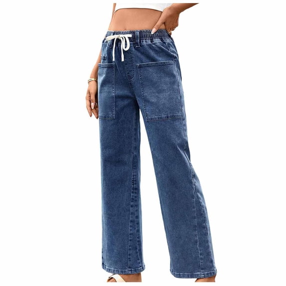 Costeam Womens Drawstring Elastic Waist Wide Leg Denim Pants with Patch Pockets Loose Fit Casual High Waist Pull On Jeans