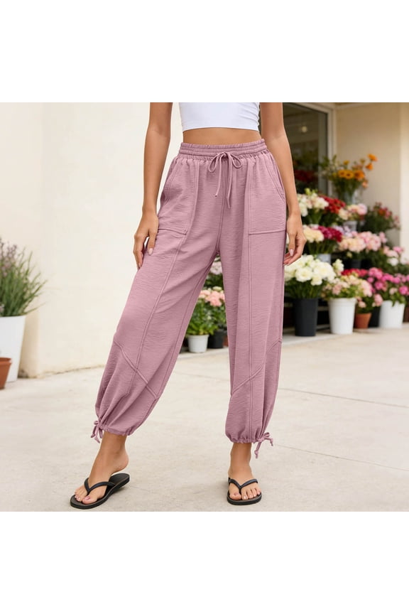 Womens Drawstring Jogger Pants Large Square Side Patch Pockets Convertible Cuff Loose Straight Soft Four Way Stretch Knit Breathable Full Length Casual Loungewear Trousers