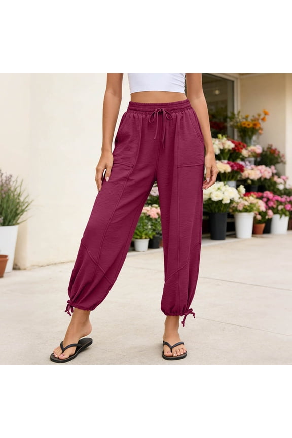 Womens Drawstring Jogger Pants Large Square Side Patch Pockets Convertible Cuff Loose Straight Soft Four Way Stretch Knit Breathable Full Length Casual Loungewear Trousers