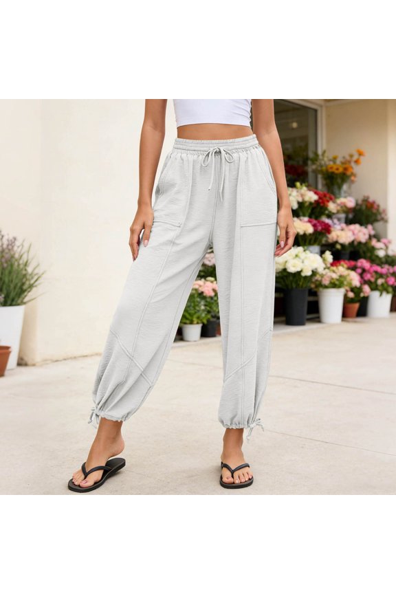 Womens Drawstring Jogger Pants Large Square Side Patch Pockets Convertible Cuff Loose Straight Soft Four Way Stretch Knit Breathable Full Length Casual Loungewear Trousers