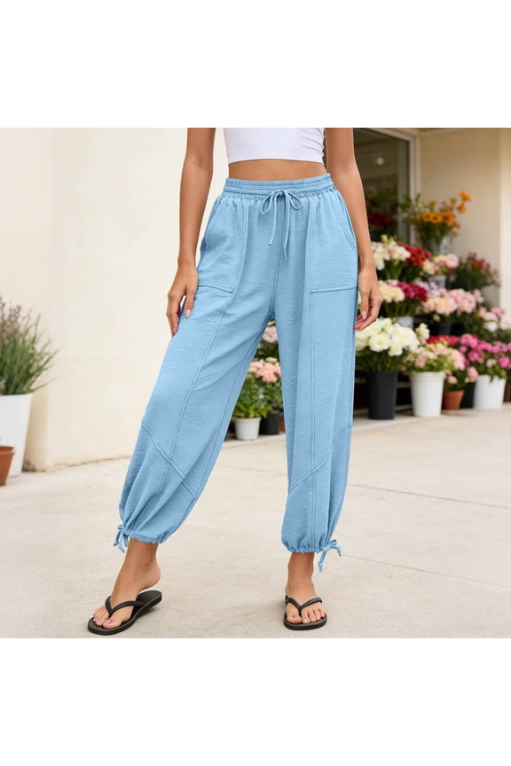 Womens Drawstring Jogger Pants Large Square Side Patch Pockets Convertible Cuff Loose Straight Soft Four Way Stretch Knit Breathable Full Length Casual Loungewear Trousers
