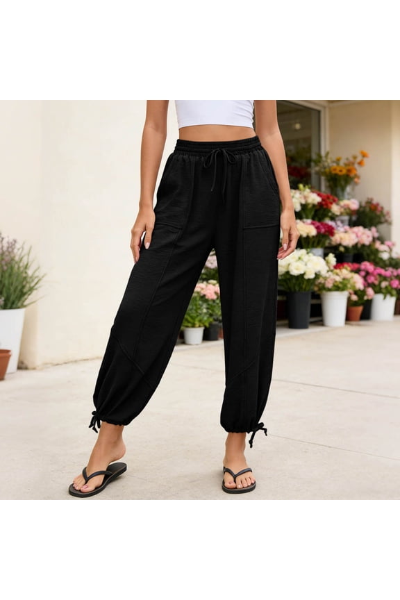 Womens Drawstring Jogger Pants Large Square Side Patch Pockets Convertible Cuff Loose Straight Soft Four Way Stretch Knit Breathable Full Length Casual Loungewear Trousers