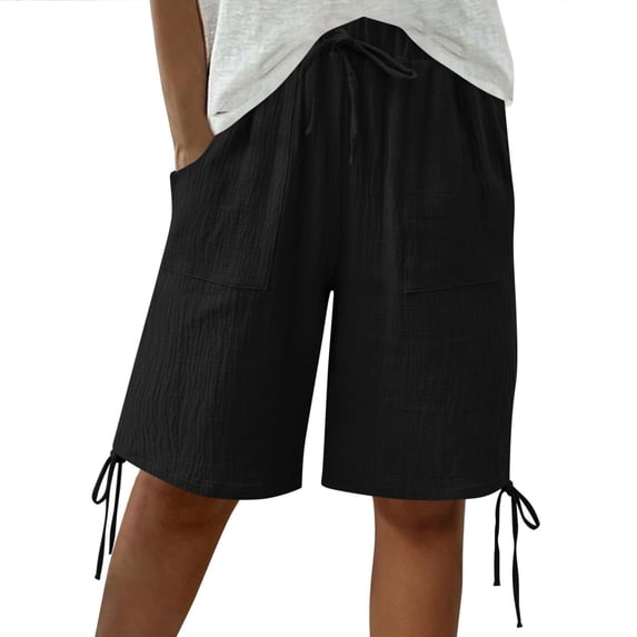 Costeam Womens Drawstring Waist Crinkle Texture Casual Shorts with Adjustable Hem and Side Pockets Loose Fit Knee Length Summer Everyday Shorts