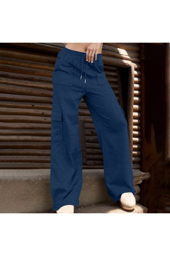 Womens Dual Front Patch Pocket Cargo Wide Leg Sweatpants Elastic Drawstring Waist Side Cargo Flap Pockets Soft Heather Knit Loose Straight Solid Color Casual Athletic Lounge Trousers