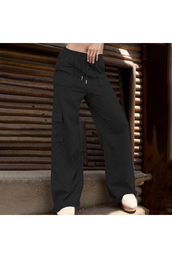Womens Dual Front Patch Pocket Cargo Wide Leg Sweatpants Elastic Drawstring Waist Side Cargo Flap Pockets Soft Heather Knit Loose Straight Solid Color Casual Athletic Lounge Trousers