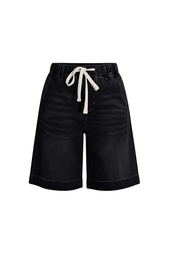 Womens Elastic Drawstring Waist Denim Bermuda Shorts with Pockets Loose Fit Casual Lightweight Pull On Straight Leg Jean Shorts