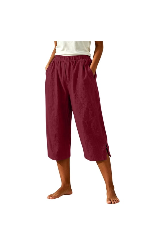Womens Elastic High Waist Crinkled Faux Linen Capri Cropped Pants Side Split Detail with Inset Side Pockets Loose Fit Solid Color Casual Daily Culotte Trousers