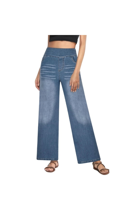 Womens Elastic High Waist Washed Denim Jeans Wide Leg Straight Cut Soft Texture Casual Loose Fit Full Length Daily Basic Bottom Pants