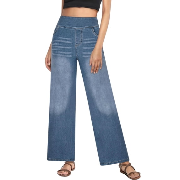 Costeam Womens Elastic High Waist Washed Denim Jeans Wide Leg Straight Cut Soft Texture Casual Loose Fit Full Length Daily Basic Bottom Pants