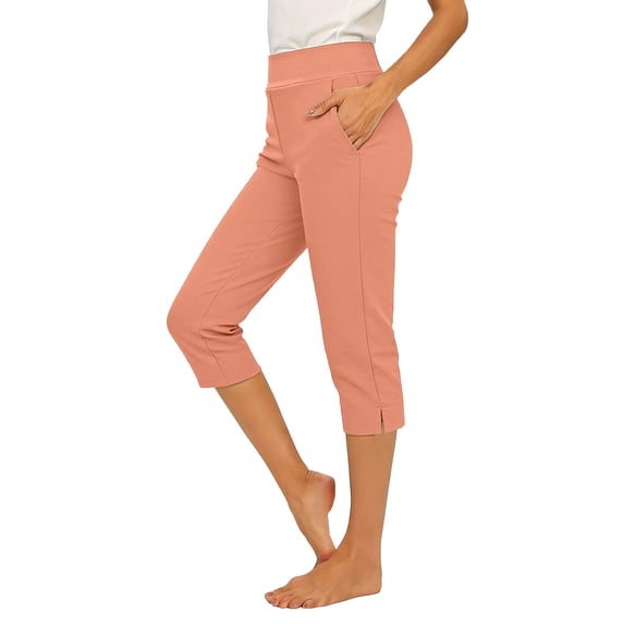 Costeam Womens Elastic Waist Straight Leg Cropped Pants Loose Fit Casual Capri Pants with Functional Pockets