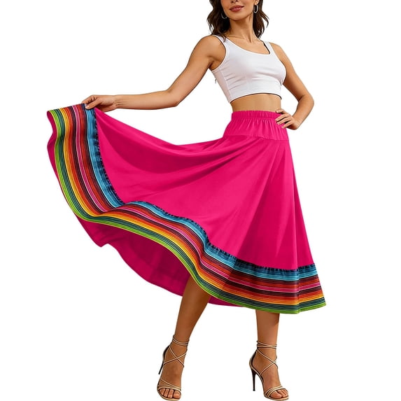 Costeam Womens Ethnic Print Flowy Midi Skirt Full Elastic High Waist Wide Swing Hem Lightweight Breathable Loose Dance Performance A Line Skirts