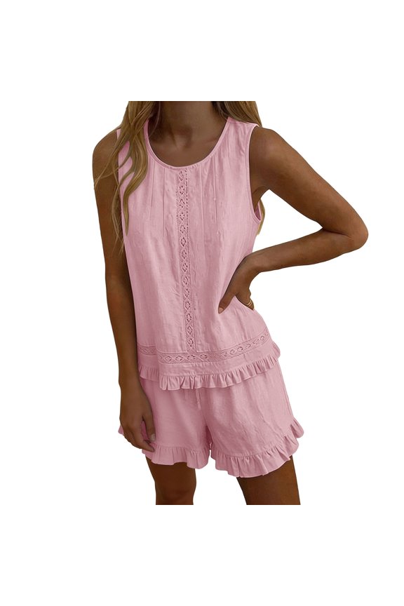 Womens Eyelet Lace Ruffle Trim Sleeveless Cami and Shorts 2 Piece Lounge Set Dual Side Hand Pockets Drawstring Elastic High Waist Loose Relaxed Mini Sleep Casual Matching Outfit