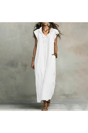 Womens Flutter Sleeve Midi Dress Solid Ruffle Notch Neck Loose Flow Lightweight Woven Spring Summer Casual A Line Tank Dress