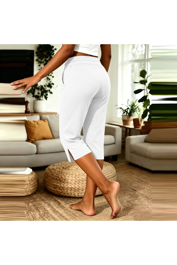 Womens Fold Over High Waist Capri Lounge Pants Vertical Side Slit Hem Side Slip Pockets 4 Way Stretch Soft Moisture Wicking Breathable Loose Calf Length Casual Athletic Cropped Bottoms