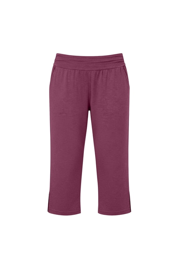 Womens Fold Over High Waist Capri Lounge Pants Vertical Side Slit Hem Side Slip Pockets 4 Way Stretch Soft Moisture Wicking Breathable Loose Calf Length Casual Athletic Cropped Bottoms
