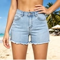 thumbnail image 1 of Costeam Womens Fringe Hem Denim Shorts Dual Side Slip Pockets Mid Rise Waist Soft Washed Loose Fit Casual Jean Short Bottoms, 1 of 4