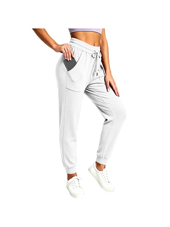Womens Front Patch Pocket Jogger Sweatpants Elastic Drawstring Waist Vertical Side Seam Soft Stretch Knit Ribbed Cuff Tapered Casual Workout Lounge Pants
