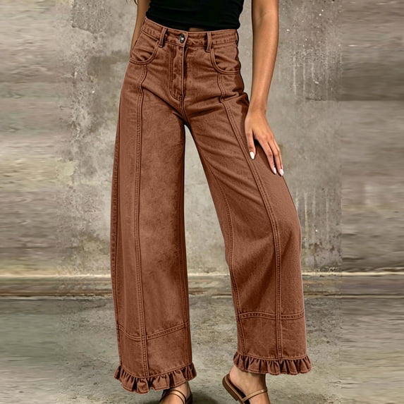 Costeam Womens Front Seam Wide Leg Jeans Ruffle Hem Detail Dual Side Hand Pockets Button Zip Fly High Waist Casual Stretchy Denim Long Trousers