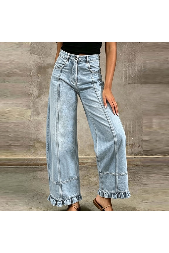 Womens Front Seam Wide Leg Jeans Ruffle Hem Detail Dual Side Hand Pockets Button Zip Fly High Waist Casual Stretchy Denim Long Trousers
