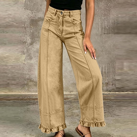Costeam Womens Front Seam Wide Leg Jeans Ruffle Hem Detail Dual Side Hand Pockets Button Zip Fly High Waist Casual Stretchy Denim Long Trousers