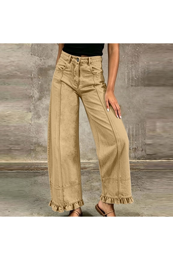 Womens Front Seam Wide Leg Jeans Ruffle Hem Detail Dual Side Hand Pockets Button Zip Fly High Waist Casual Stretchy Denim Long Trousers