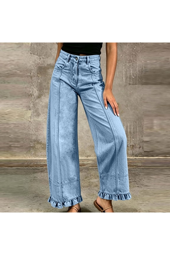 Womens Front Seam Wide Leg Jeans Ruffle Hem Detail Dual Side Hand Pockets Button Zip Fly High Waist Casual Stretchy Denim Long Trousers