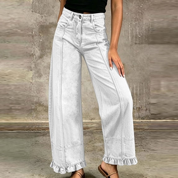 Costeam Womens Front Seam Wide Leg Jeans Ruffle Hem Detail Dual Side Hand Pockets Button Zip Fly High Waist Casual Stretchy Denim Long Trousers