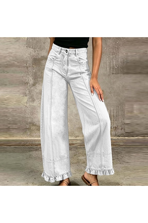 Womens Front Seam Wide Leg Jeans Ruffle Hem Detail Dual Side Hand Pockets Button Zip Fly High Waist Casual Stretchy Denim Long Trousers