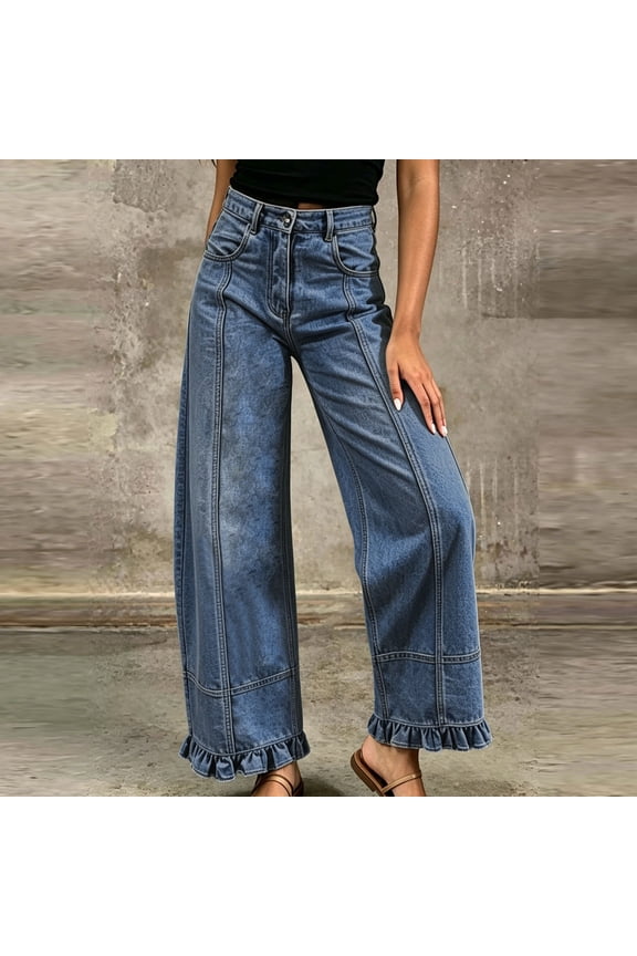 Womens Front Seam Wide Leg Jeans Ruffle Hem Detail Dual Side Hand Pockets Button Zip Fly High Waist Casual Stretchy Denim Long Trousers