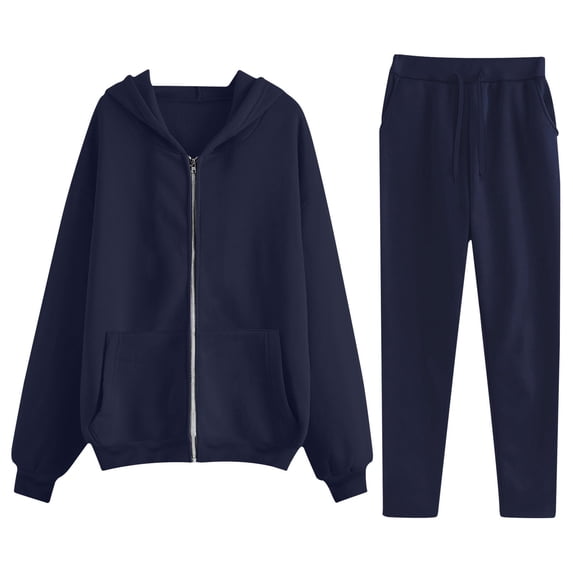 Costeam Womens Full Zip Hoodie 2 Piece Loungewear Set Front Hand Pockets Drawstring Elastic High Waist Straight Leg Solid Color Casual Tracksuit Outfit